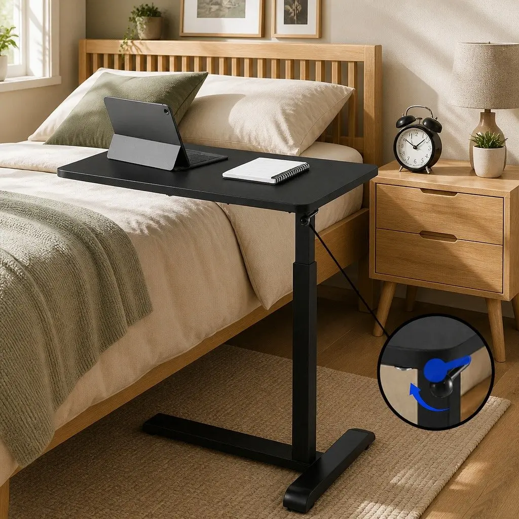 Height Adjustable Mobile Laptop Desk Workstation L-shaped Metal Frame Particle Board 70CM Black