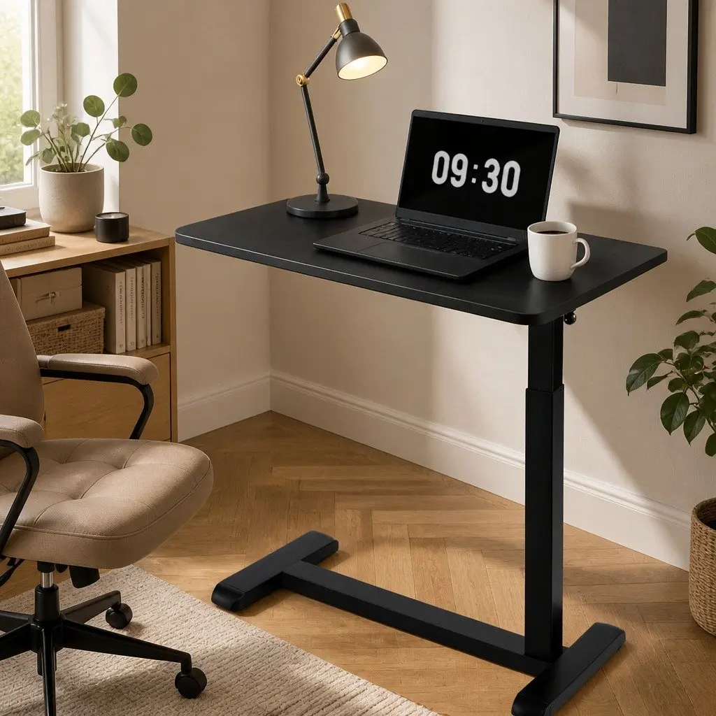 Height Adjustable Mobile Laptop Desk Workstation L-shaped Metal Frame Particle Board 70CM Black