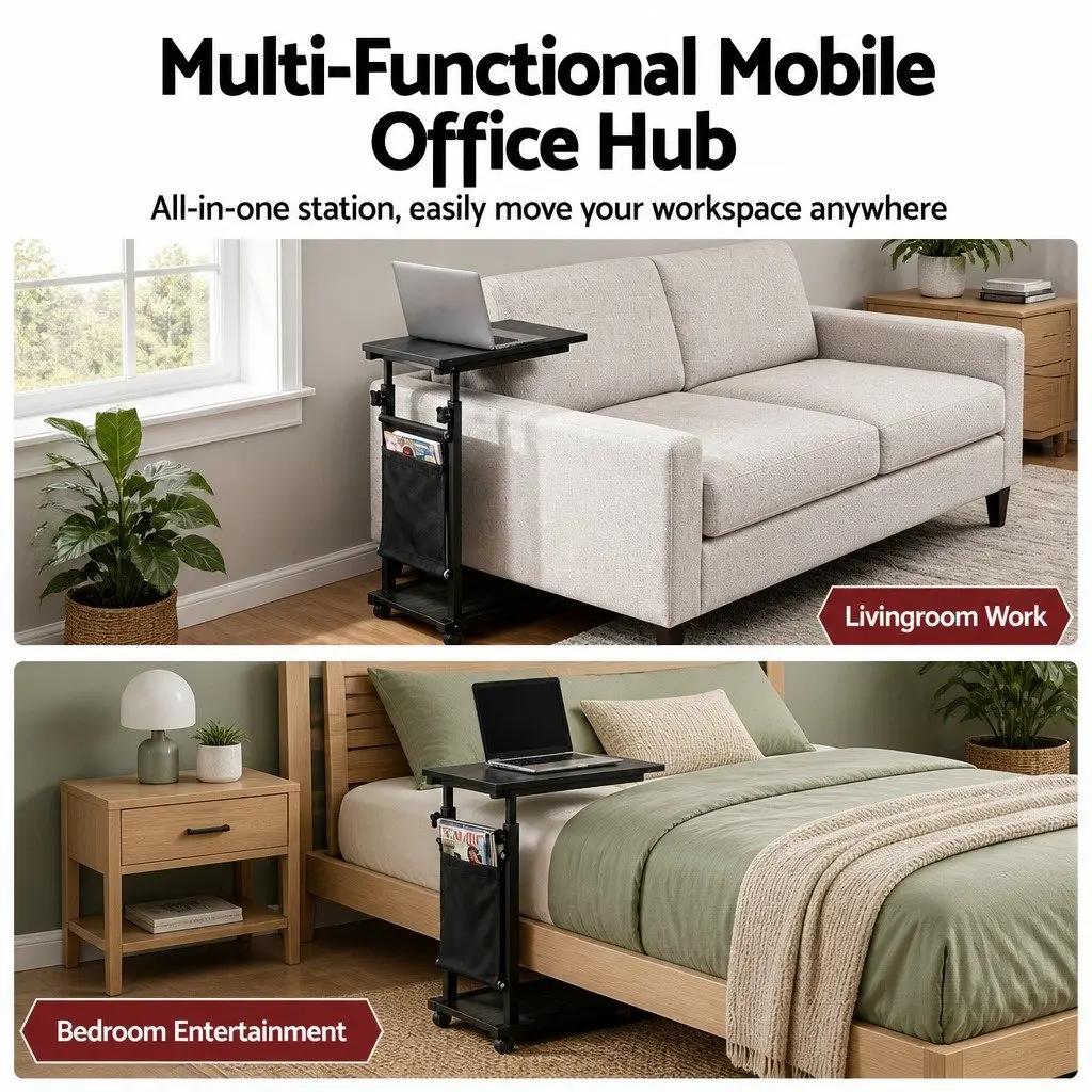 Mobile Laptop Desk Height Adjustable Metal Frame Oak White 48CM