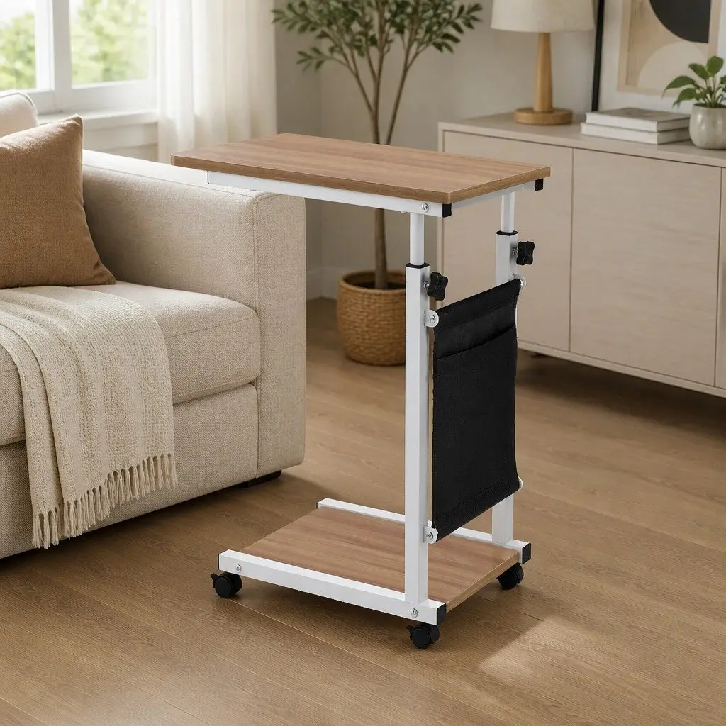 Mobile Laptop Desk Height Adjustable MDF Oak White C-shaped Frame Portable with Wheels
