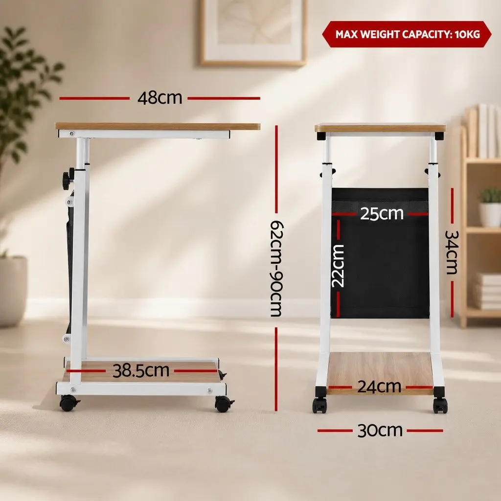 Mobile Laptop Desk Height Adjustable MDF Oak White C-shaped Frame Portable with Wheels
