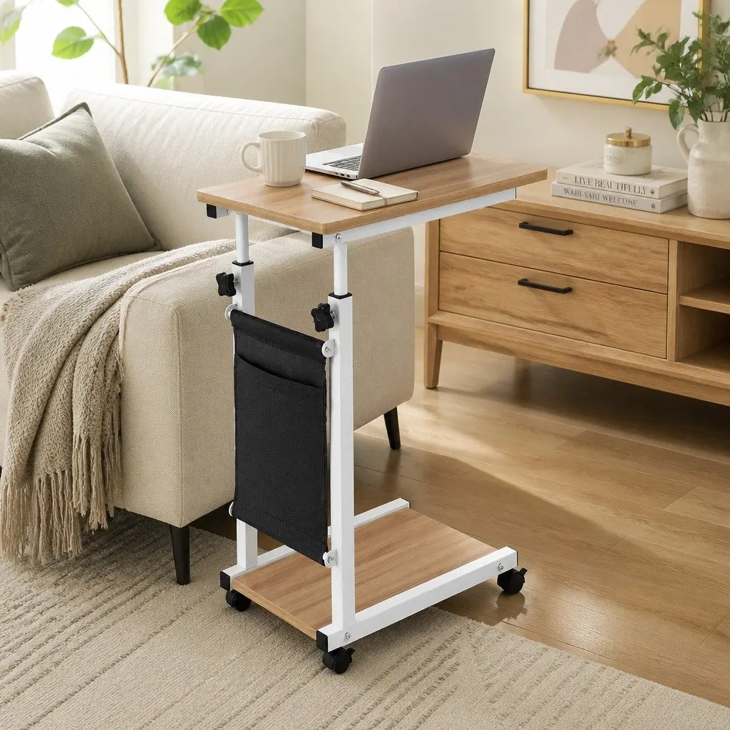 Mobile Laptop Desk Height Adjustable MDF Oak White C-shaped Frame Portable with Wheels