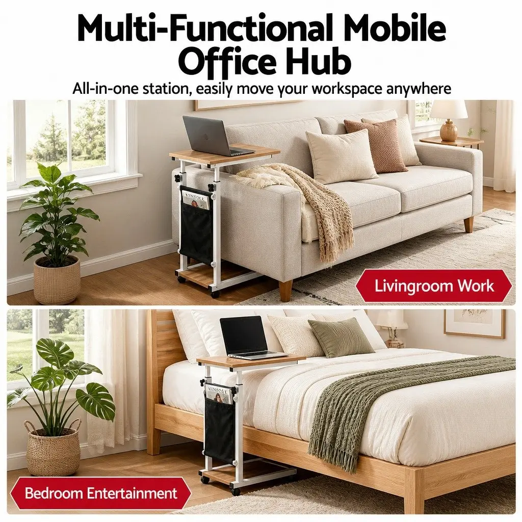 Mobile Laptop Desk Height Adjustable MDF Oak White C-shaped Frame Portable with Wheels