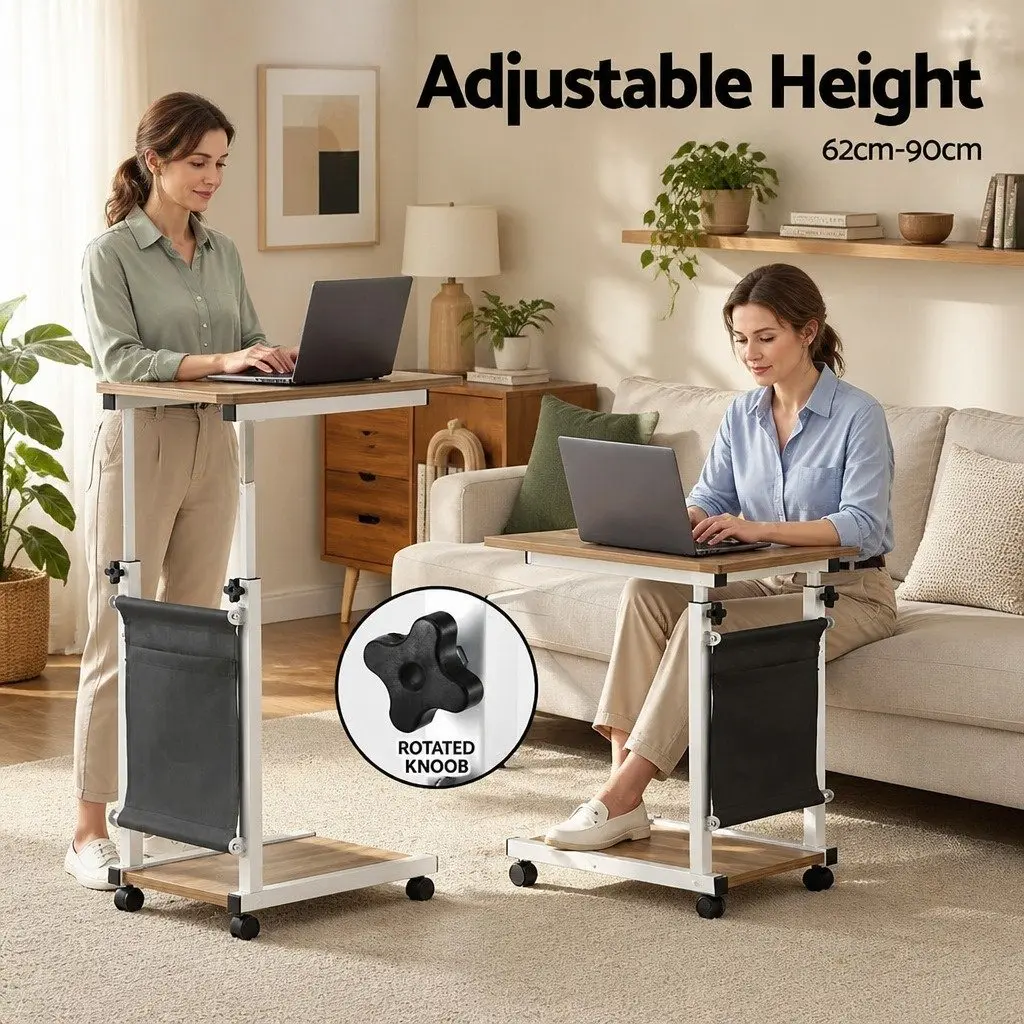 Mobile Laptop Desk Height Adjustable MDF Oak White C-shaped Frame Portable with Wheels