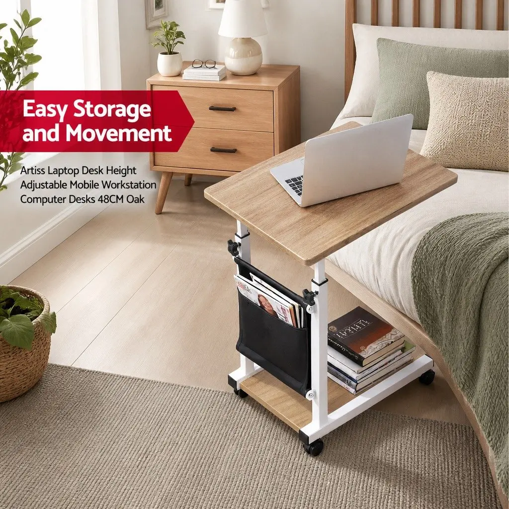 Mobile Laptop Desk Height Adjustable MDF Oak White C-shaped Frame Portable with Wheels