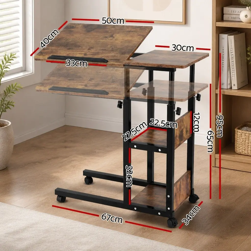 Adjustable Laptop Desk Mobile Side Table 3 Tier Tiltable Brown Black