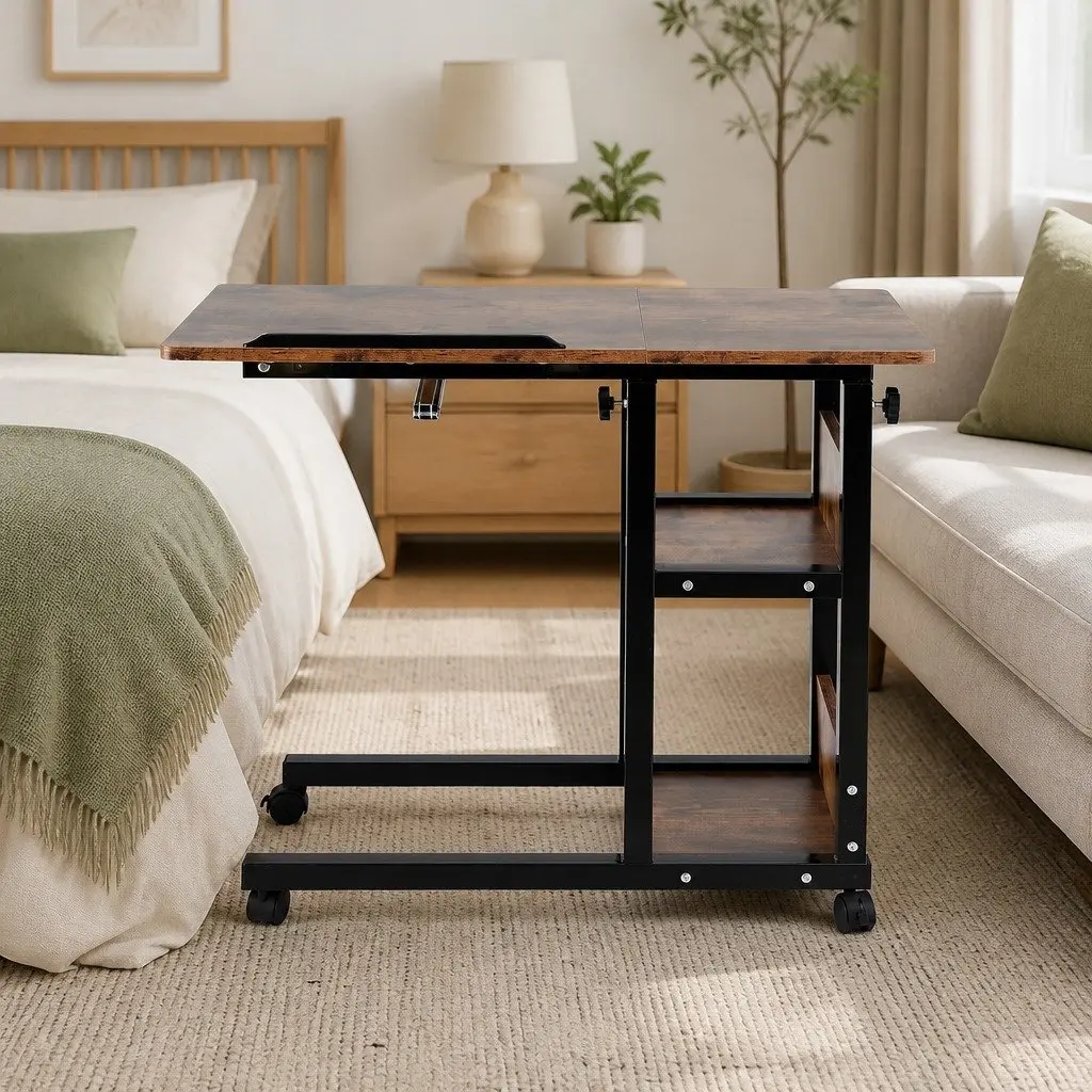 Adjustable Laptop Desk Mobile Side Table 3 Tier Tiltable Brown Black