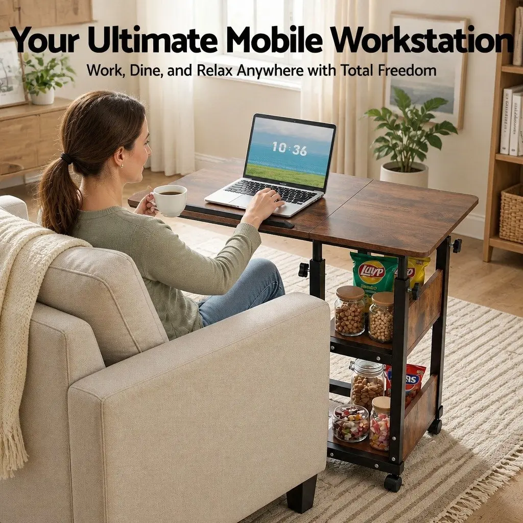 Adjustable Laptop Desk Mobile Side Table 3 Tier Tiltable Brown Black