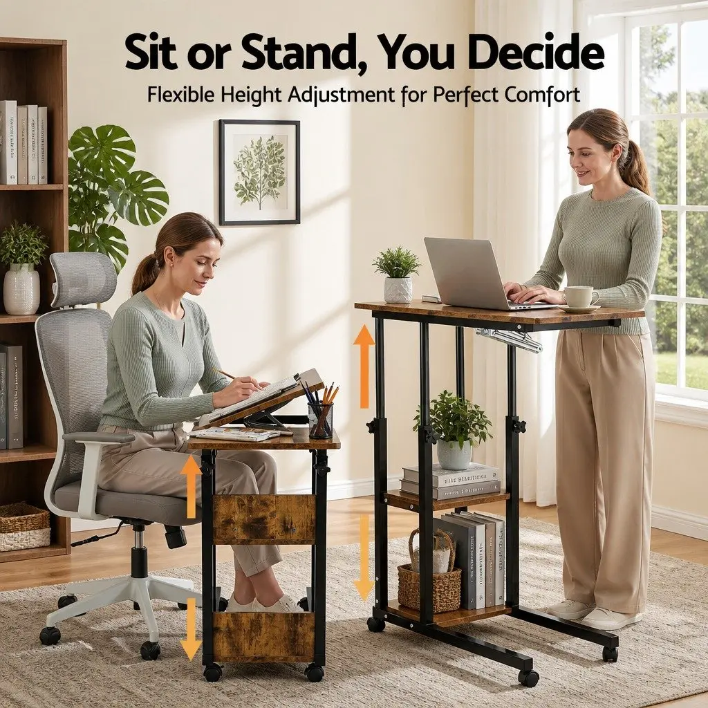 Adjustable Laptop Desk Mobile Side Table 3 Tier Tiltable Brown Black