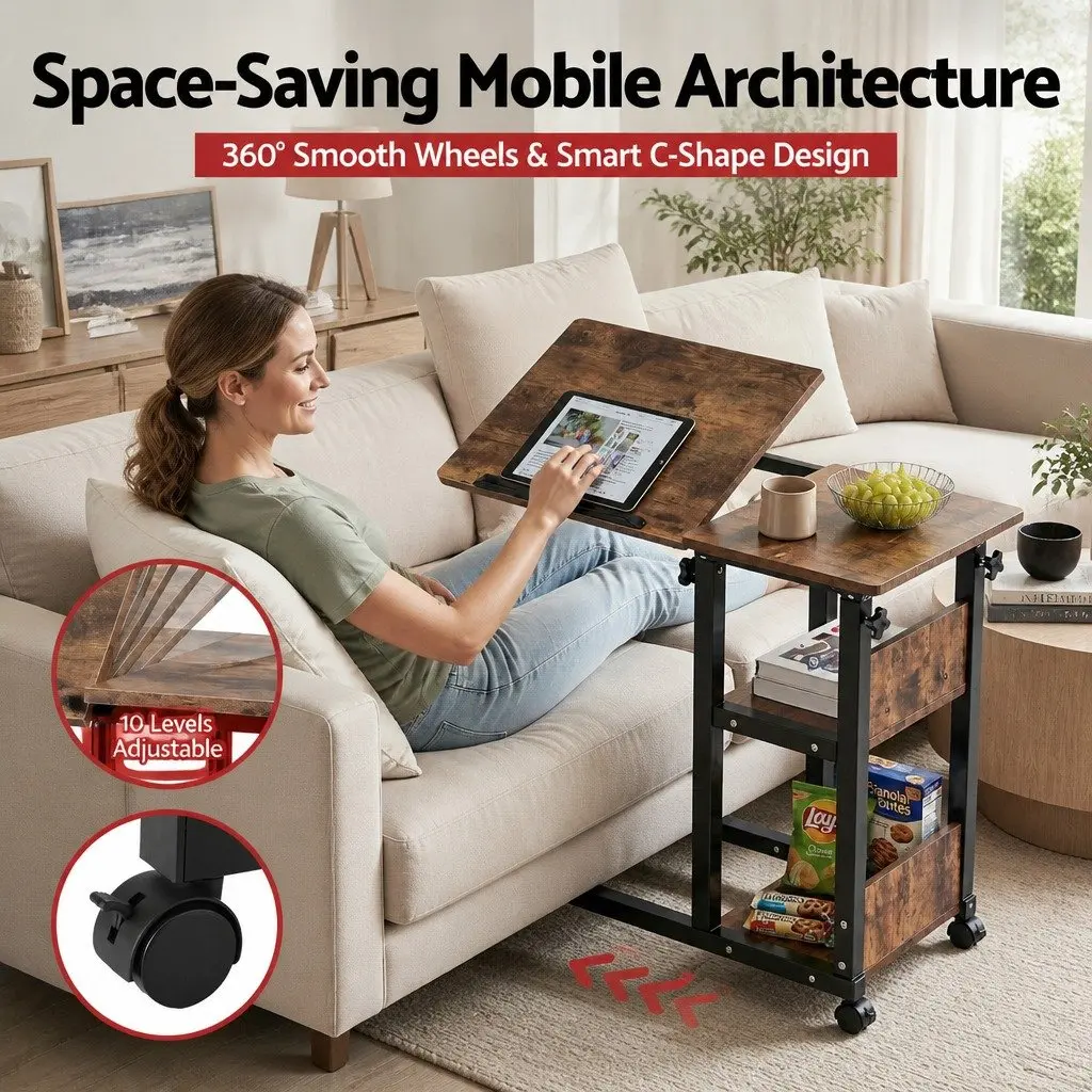 Adjustable Laptop Desk Mobile Side Table 3 Tier Tiltable Brown Black