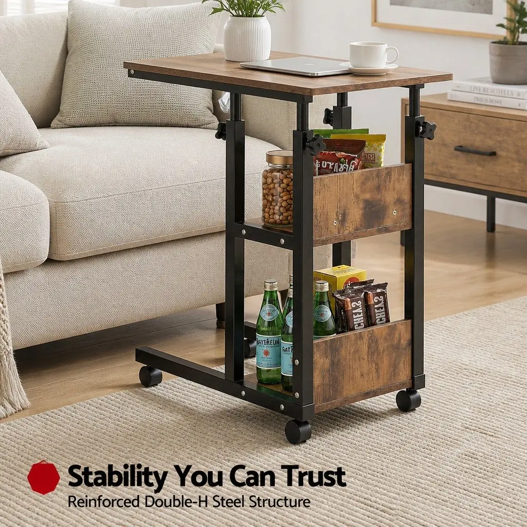 Adjustable Laptop Desk Mobile Side Table 3 Tier Tiltable Brown Black
