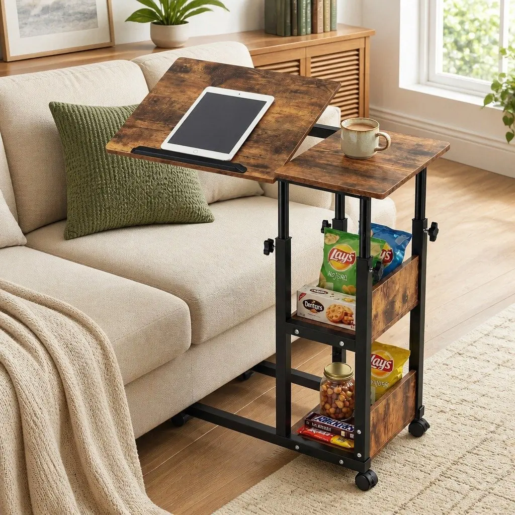 Adjustable Laptop Desk Mobile Side Table 3 Tier Tiltable Brown Black