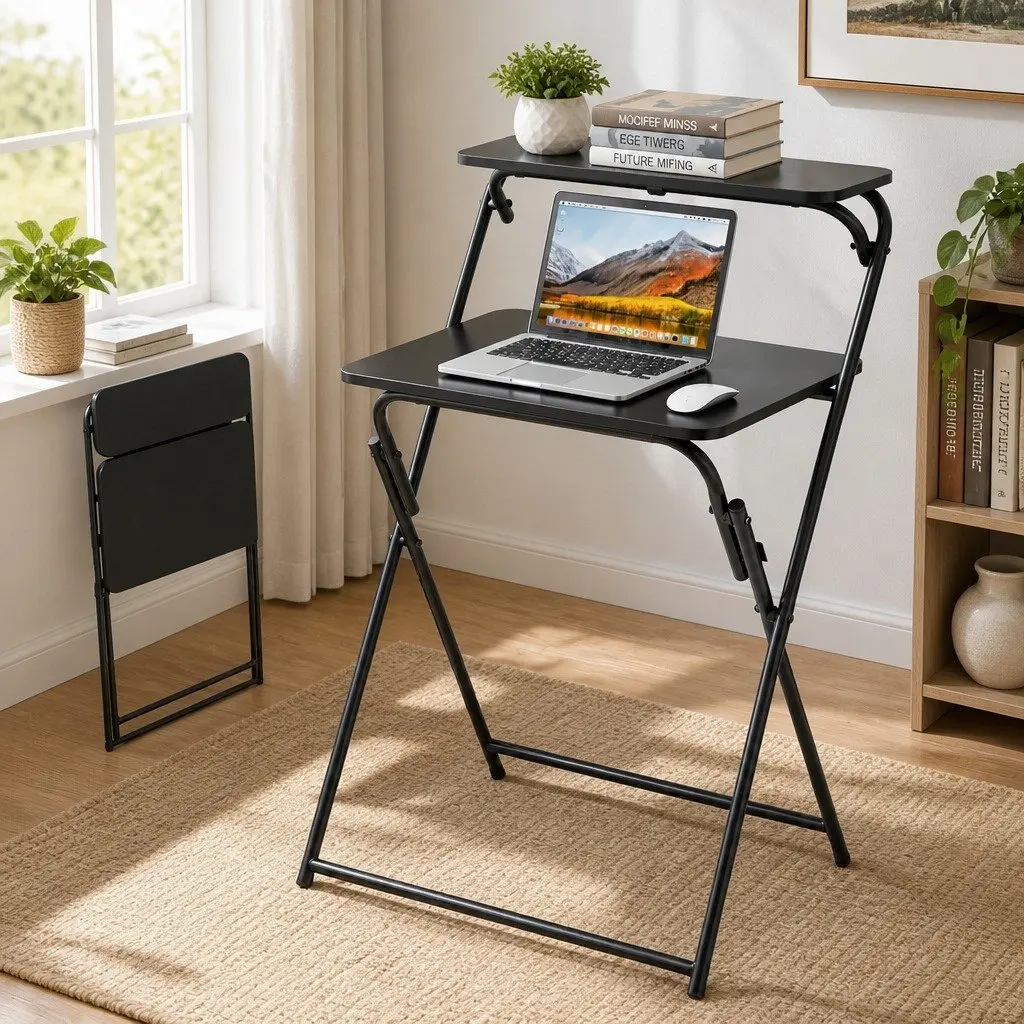 Foldable Laptop Desk Adjustable Metal Frame Space Saving Black