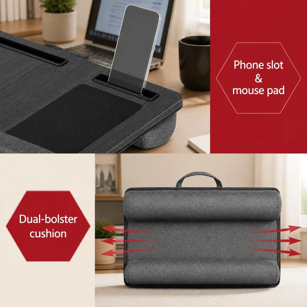 Lap Desk MDF 55CM Black Portable Laptop Stand with Wrist Rest Phone Slot Mouse Pad