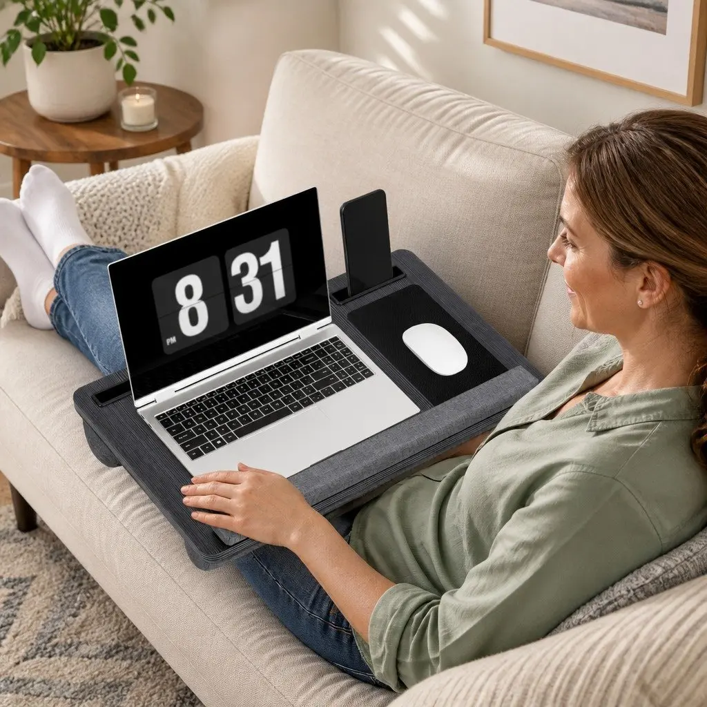 Lap Desk MDF 55CM Black Portable Laptop Stand with Wrist Rest Phone Slot Mouse Pad