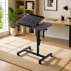 Mobile Laptop Desk Stand 60cm Adjustable Swivel Tilting Work Table with USB Fan