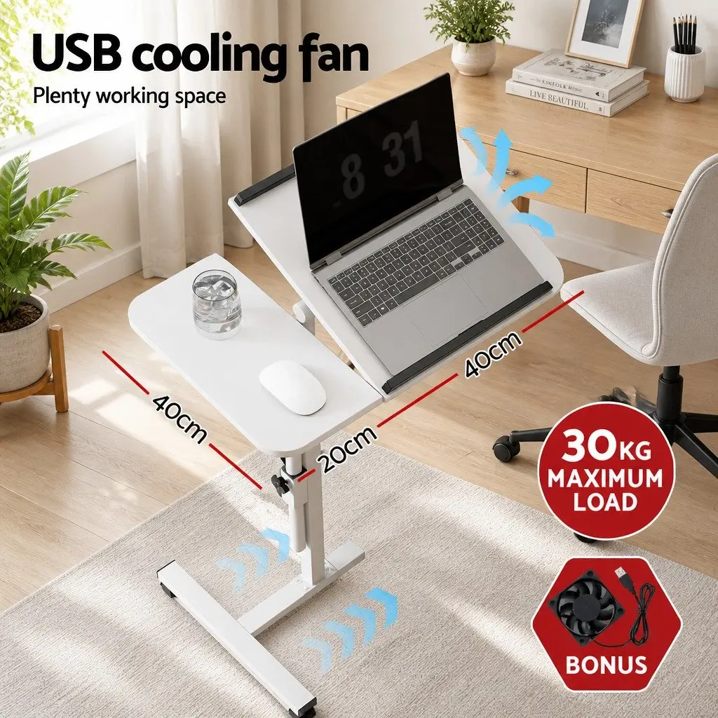 Laptop Desk Adjustable Height Swivel 60CM White C-Shape Steel Frame with USB Cooling Fan