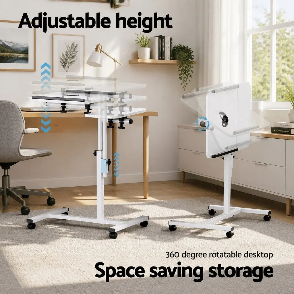 Laptop Desk Adjustable Height Swivel 60CM White C-Shape Steel Frame with USB Cooling Fan