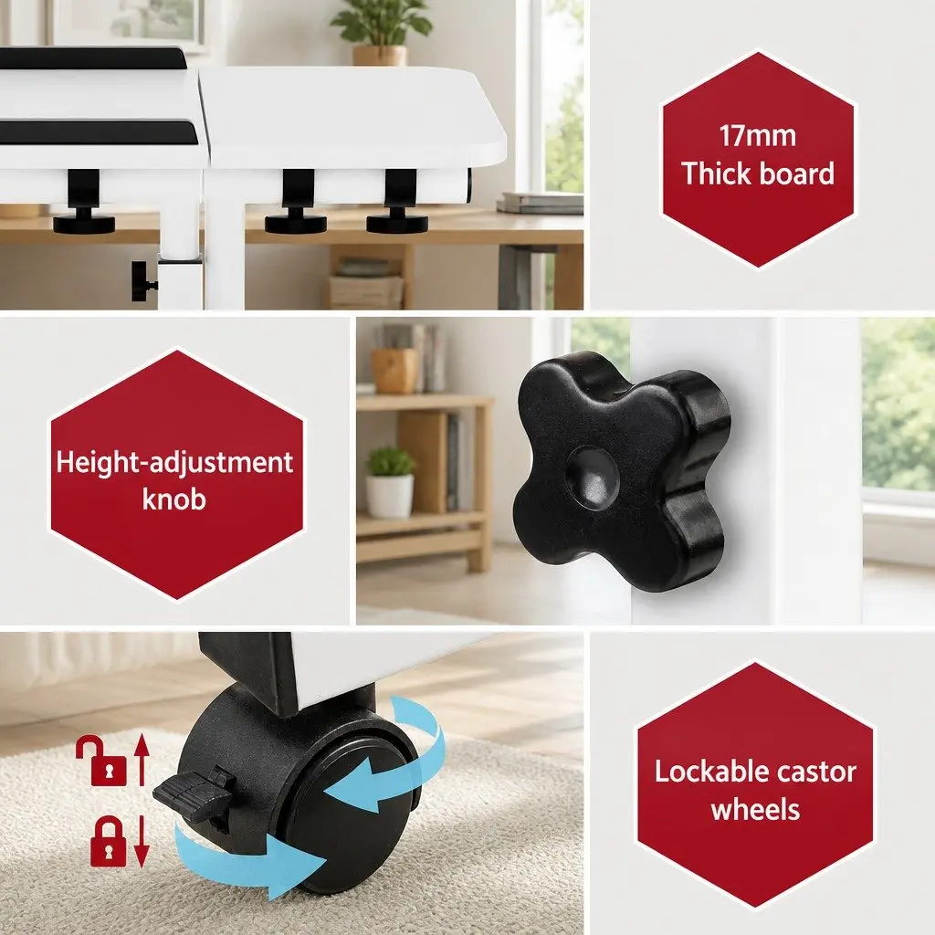 Laptop Desk Adjustable Height Swivel 60CM White C-Shape Steel Frame with USB Cooling Fan