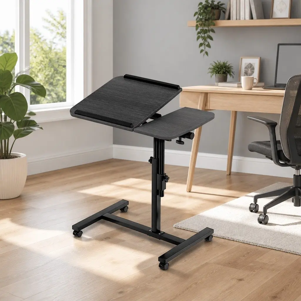 Laptop Stand Adjustable Height 60CM Rotating Tilting Mobile with Caster Black MDF Board