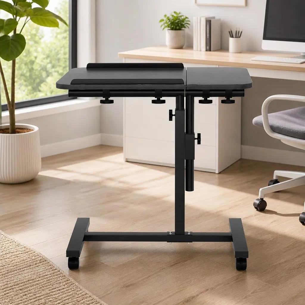 Laptop Stand Adjustable Height 60CM Rotating Tilting Mobile with Caster Black MDF Board