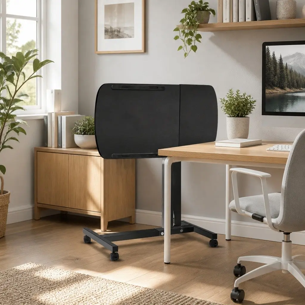 Laptop Stand Adjustable Height 60CM Rotating Tilting Mobile with Caster Black MDF Board