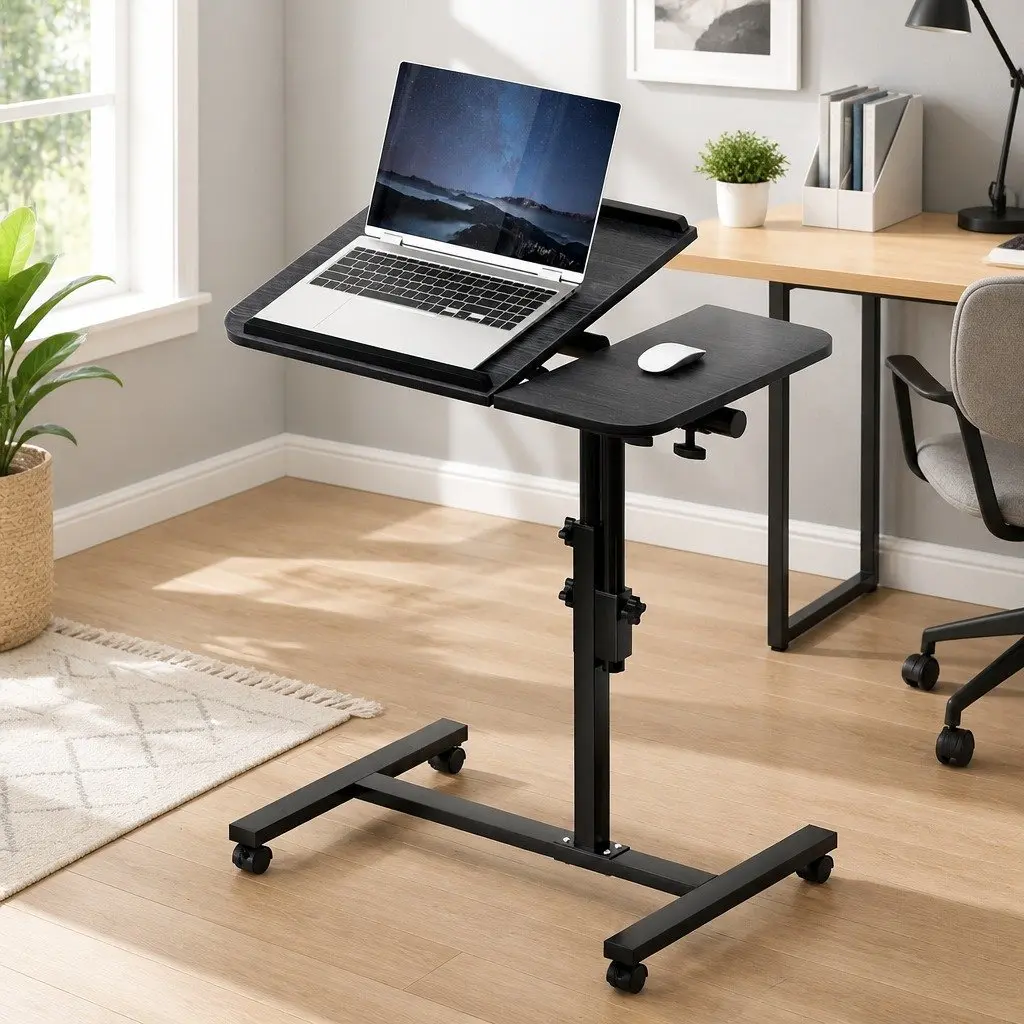 Laptop Stand Adjustable Height 60CM Rotating Tilting Mobile with Caster Black MDF Board