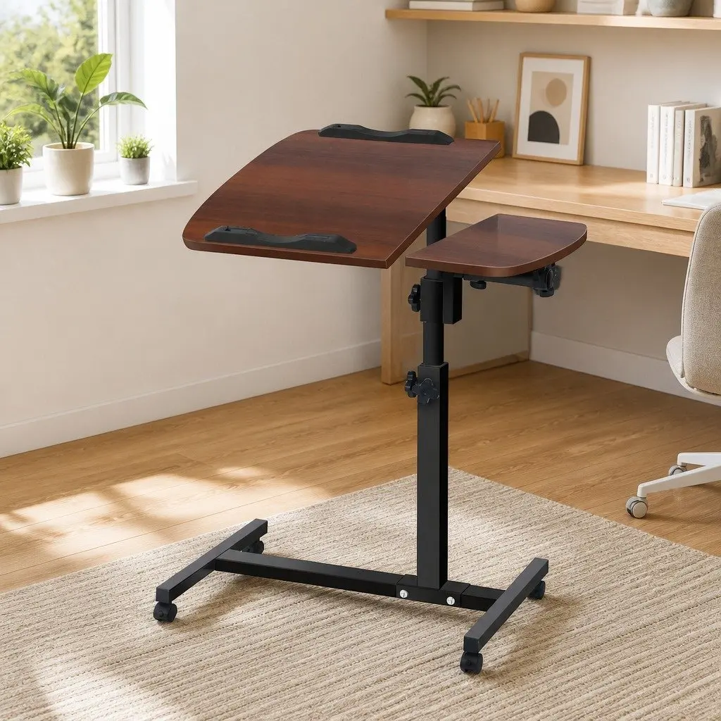 Laptop Desk MDF Walnut Brown 360° Rotating Adjustable Height Tilt Lockable Wheels