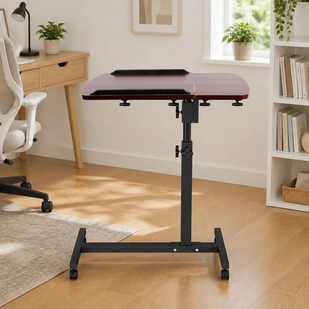 Laptop Desk MDF Walnut Brown 360° Rotating Adjustable Height Tilt Lockable Wheels