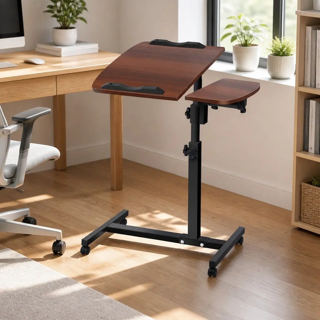 Laptop Desk MDF Walnut Brown 360° Rotating Adjustable Height Tilt Lockable Wheels