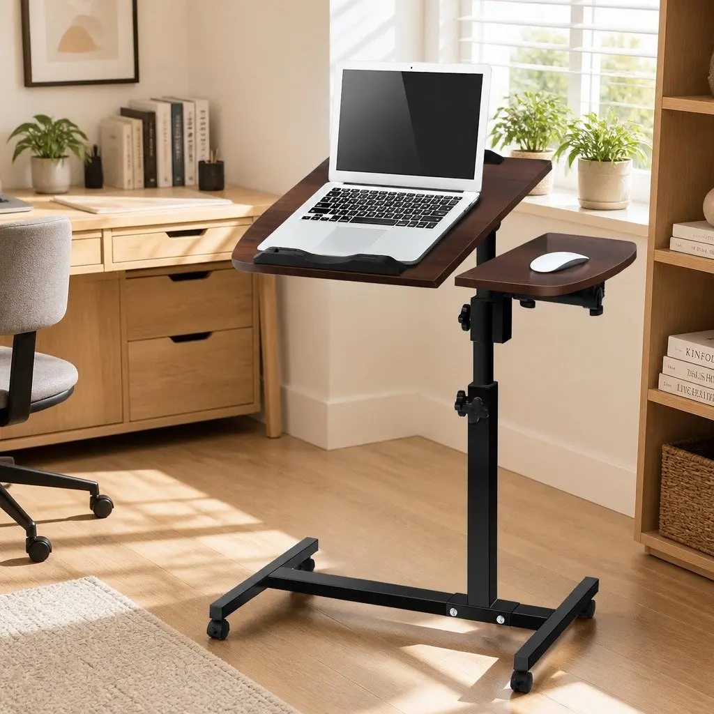 Laptop Desk MDF Walnut Brown 360° Rotating Adjustable Height Tilt Lockable Wheels