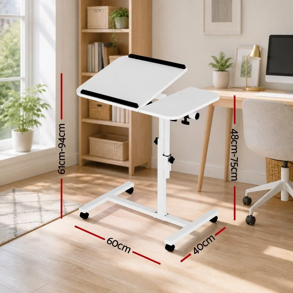 Laptop Desk Stand MDF 60CM White Adjustable Height Rotating Tilt Wheels