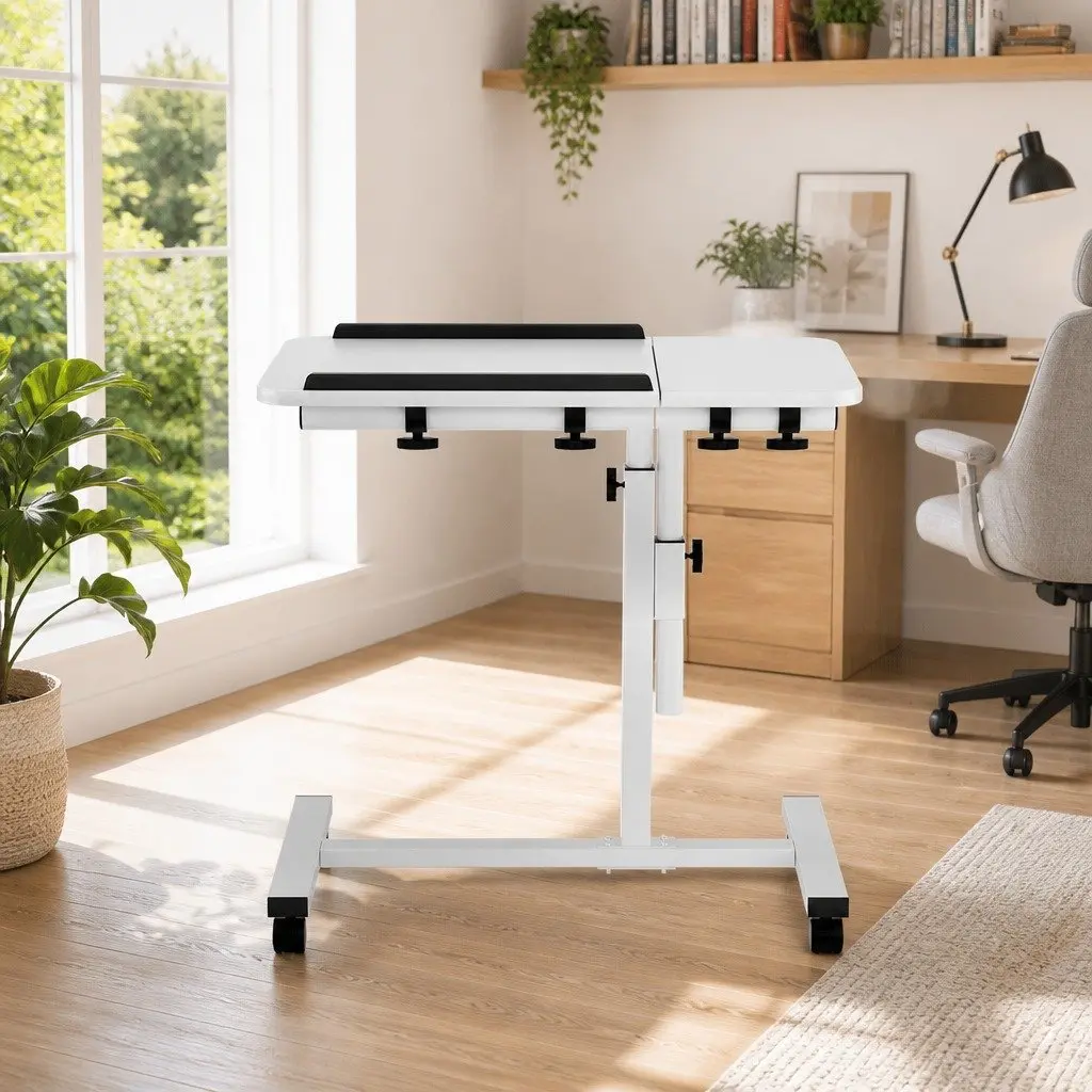 Laptop Desk Stand MDF 60CM White Adjustable Height Rotating Tilt Wheels