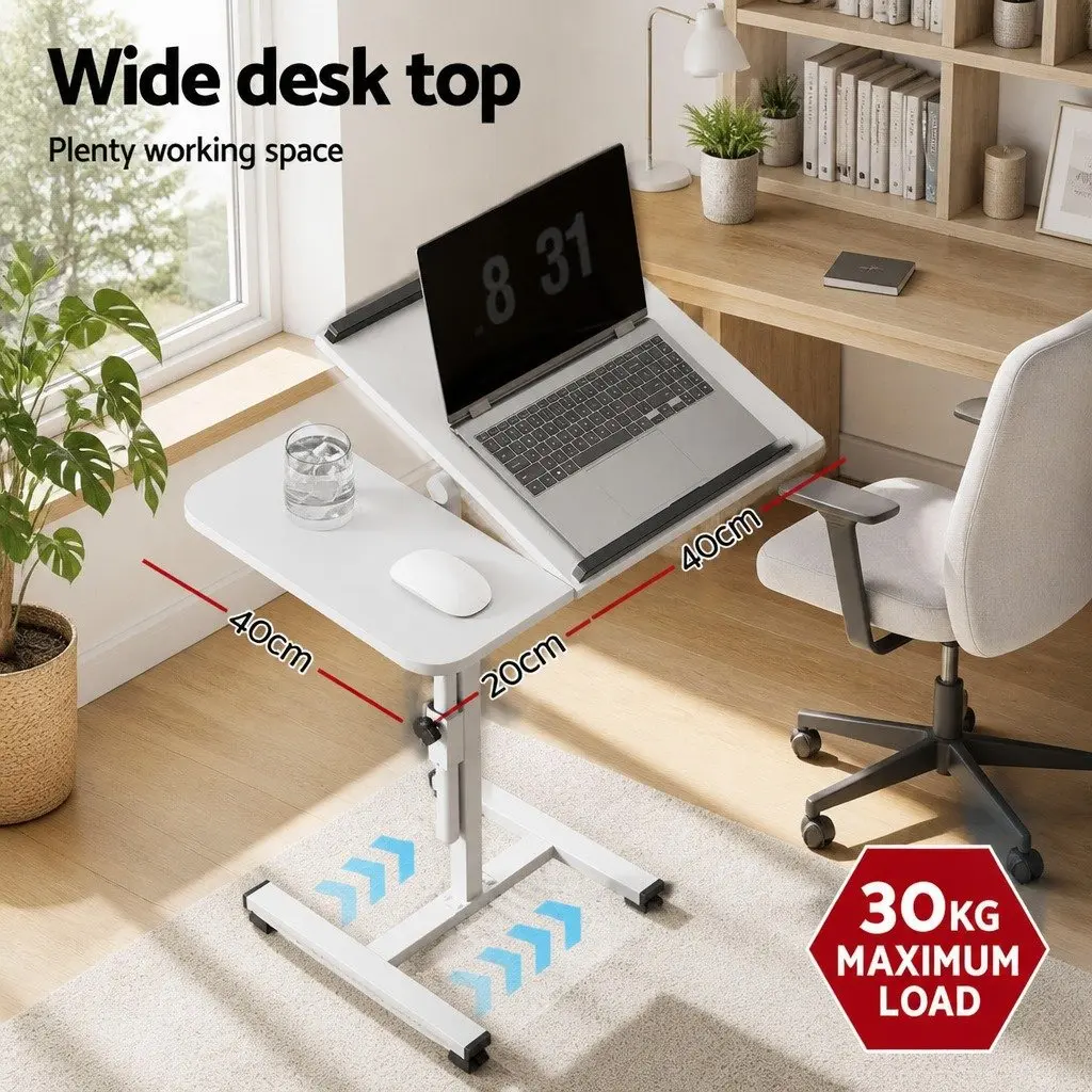 Laptop Desk Stand MDF 60CM White Adjustable Height Rotating Tilt Wheels