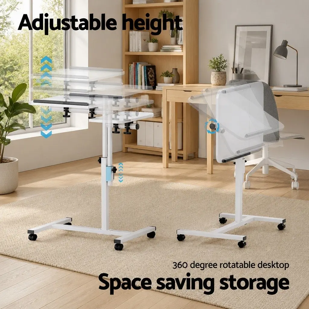 Laptop Desk Stand MDF 60CM White Adjustable Height Rotating Tilt Wheels
