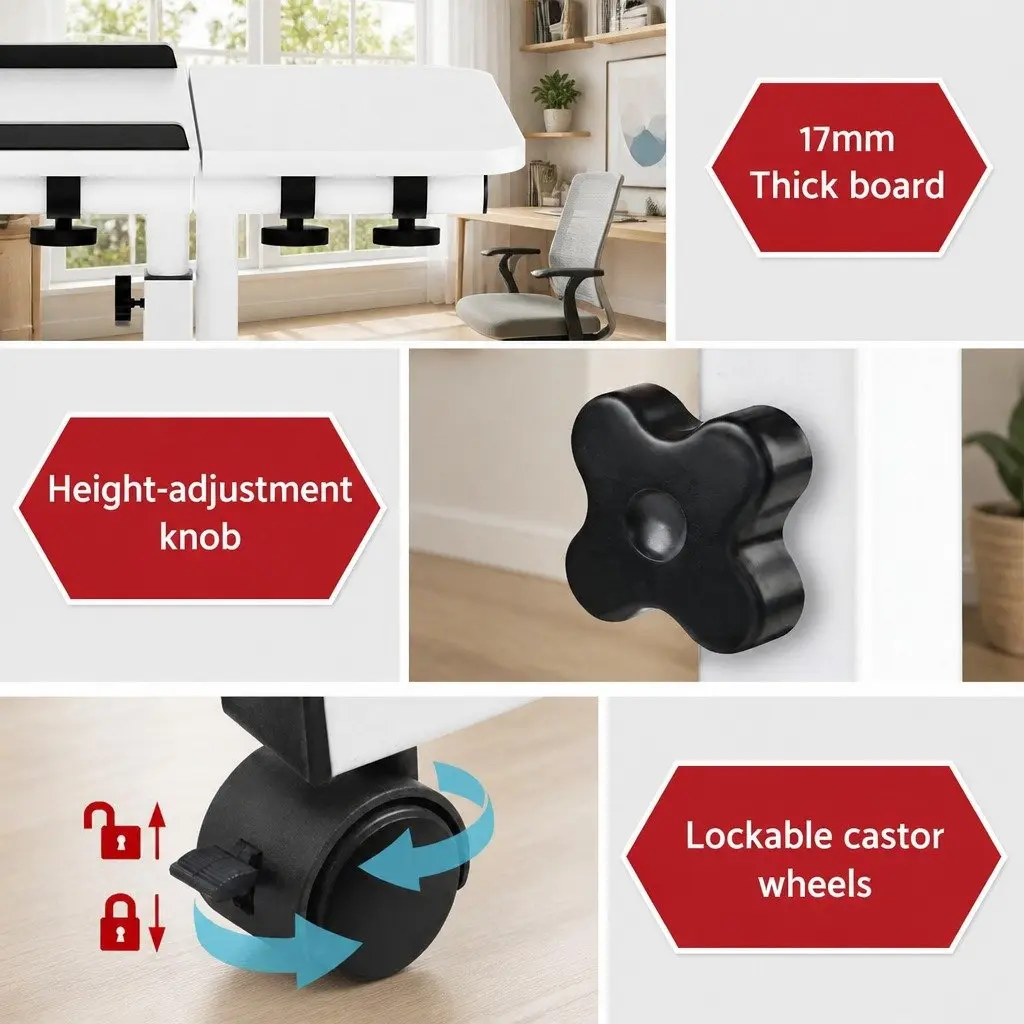 Laptop Desk Stand MDF 60CM White Adjustable Height Rotating Tilt Wheels