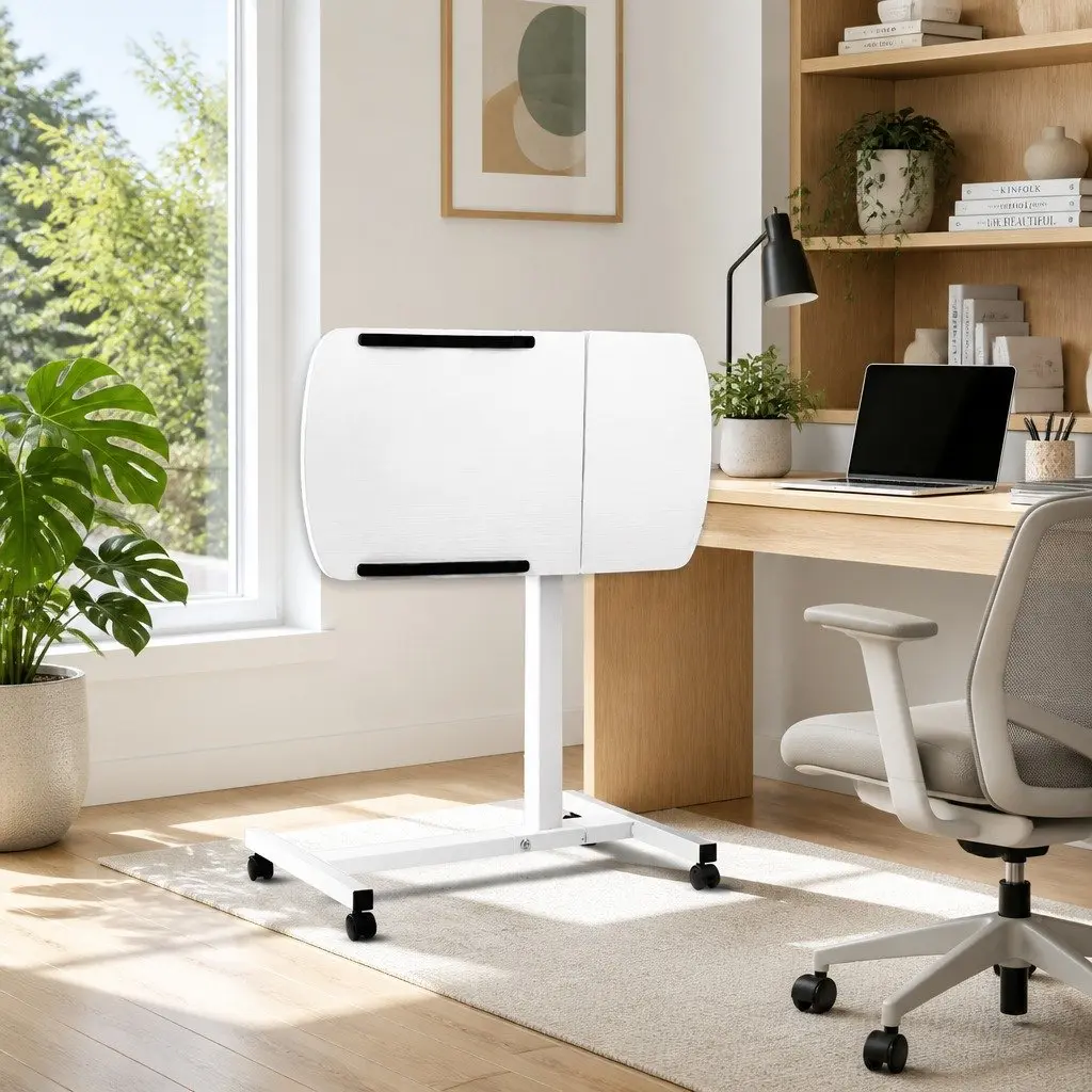 Laptop Desk Stand MDF 60CM White Adjustable Height Rotating Tilt Wheels