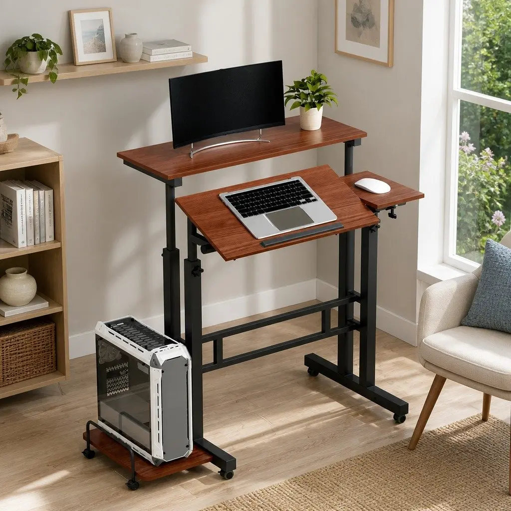 Mobile Twin Laptop Desk Adjustable Height Tilt MDF Dark Wood