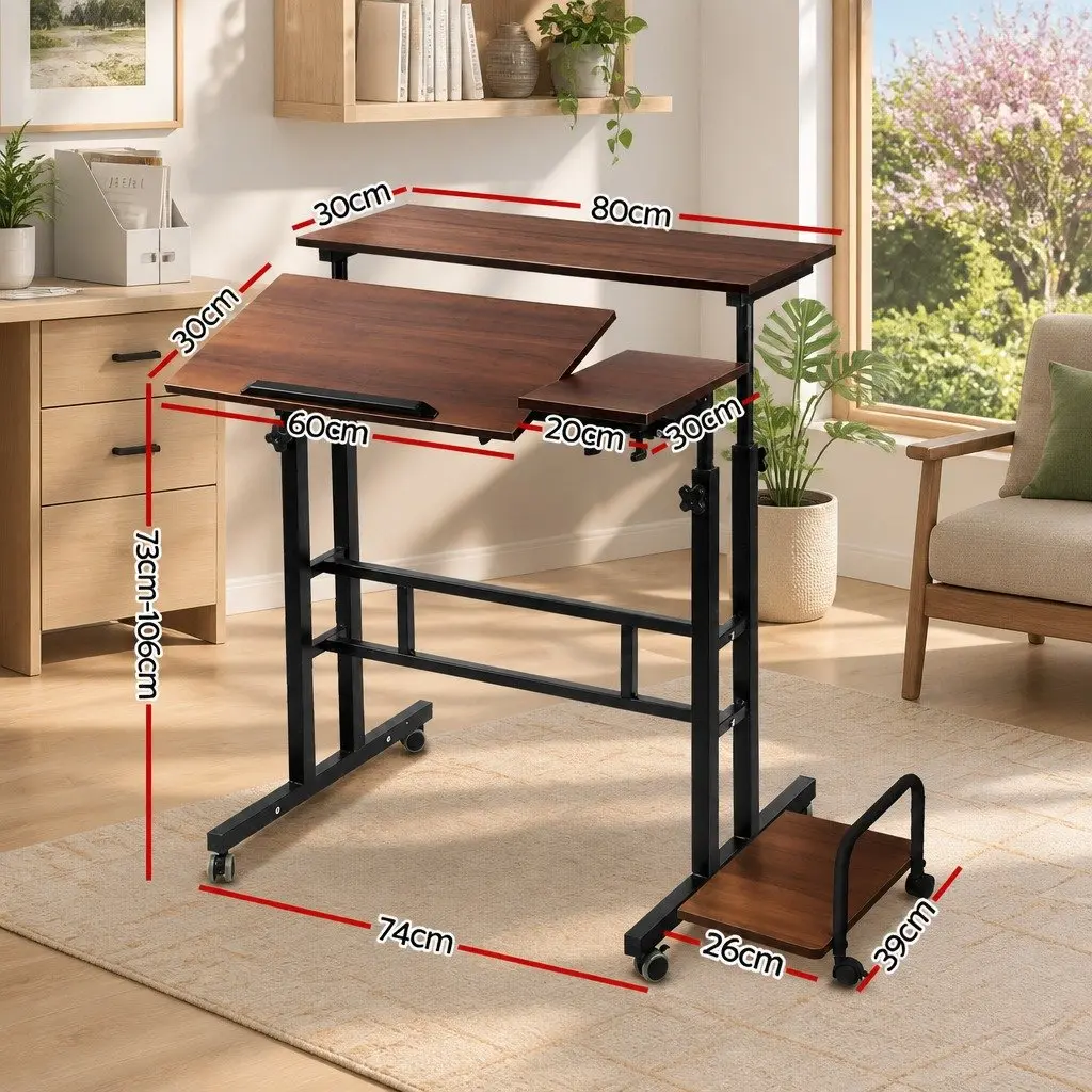 Mobile Twin Laptop Desk Adjustable Height Tilt MDF Dark Wood
