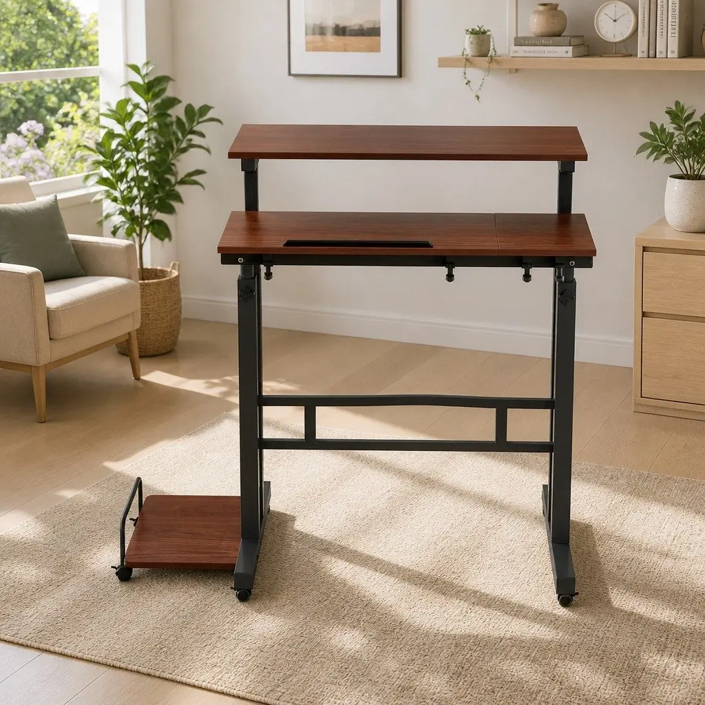 Mobile Twin Laptop Desk Adjustable Height Tilt MDF Dark Wood