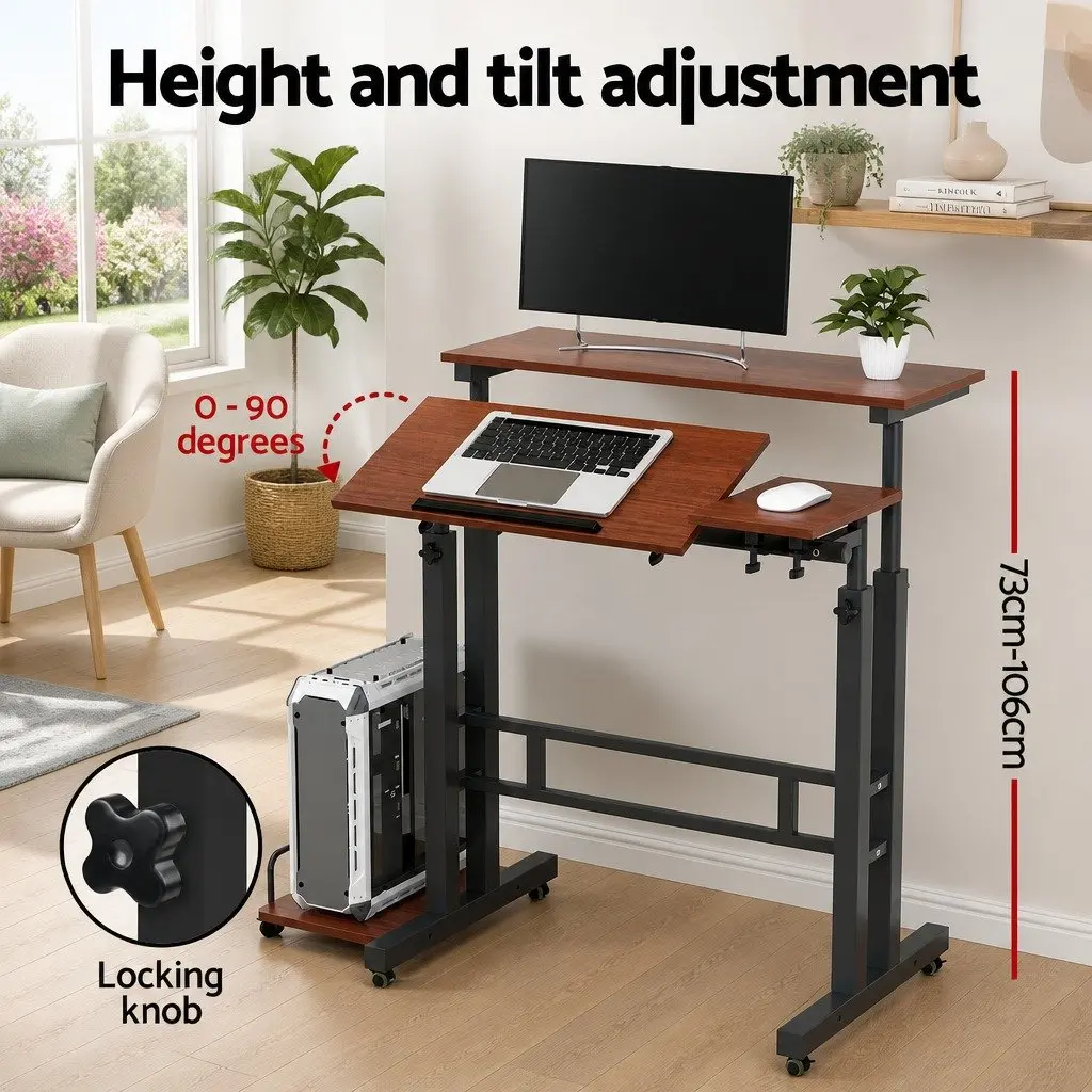 Mobile Twin Laptop Desk Adjustable Height Tilt MDF Dark Wood