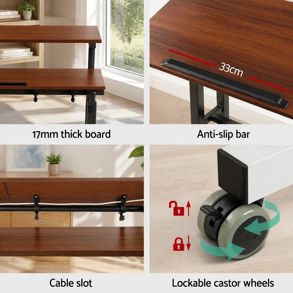Mobile Twin Laptop Desk Adjustable Height Tilt MDF Dark Wood