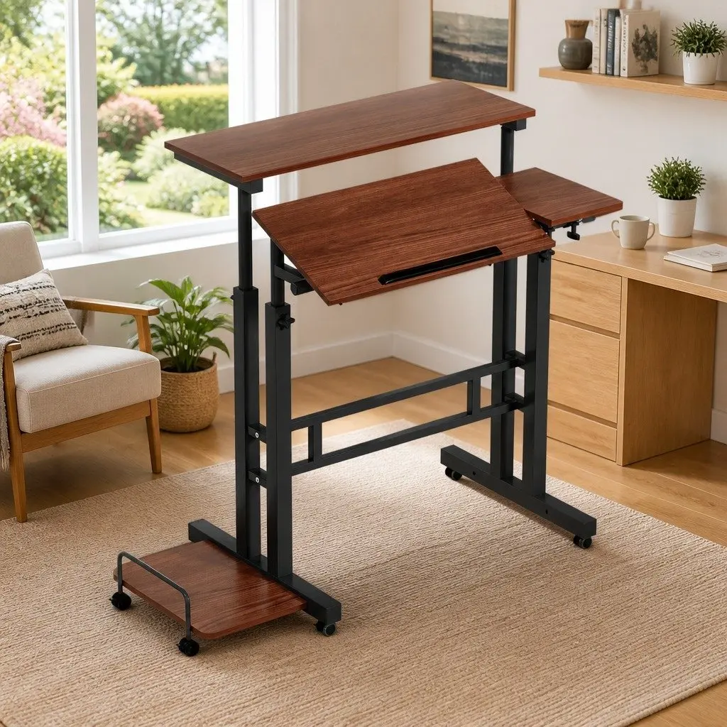 Mobile Twin Laptop Desk Adjustable Height Tilt MDF Dark Wood