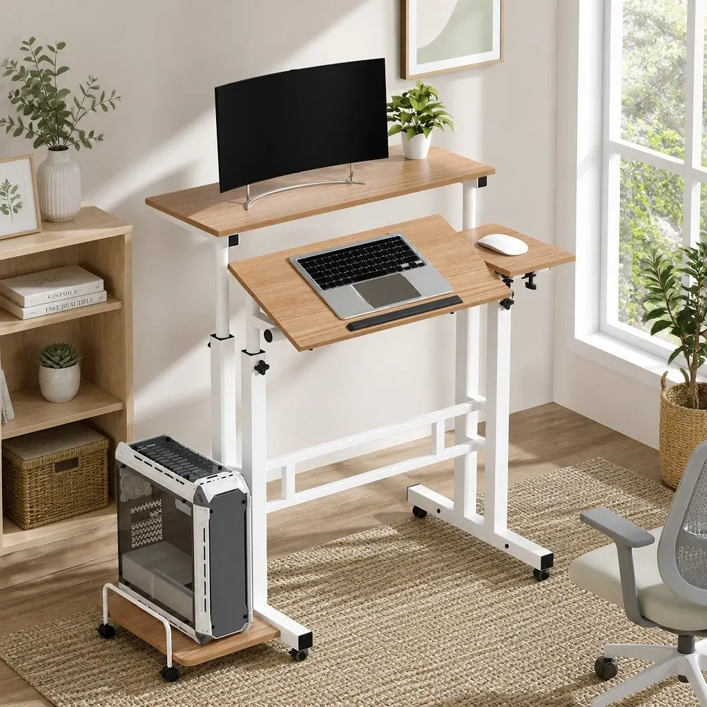 Mobile Twin Laptop Desk Adjustable Height MDF Light Wood