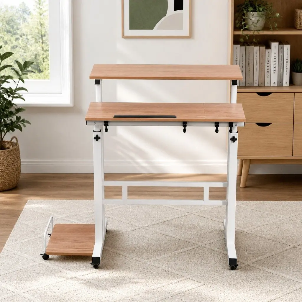 Mobile Twin Laptop Desk Adjustable Height MDF Light Wood