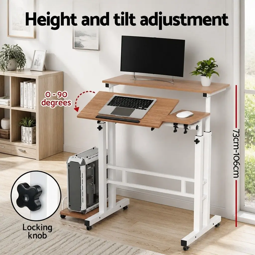Mobile Twin Laptop Desk Adjustable Height MDF Light Wood