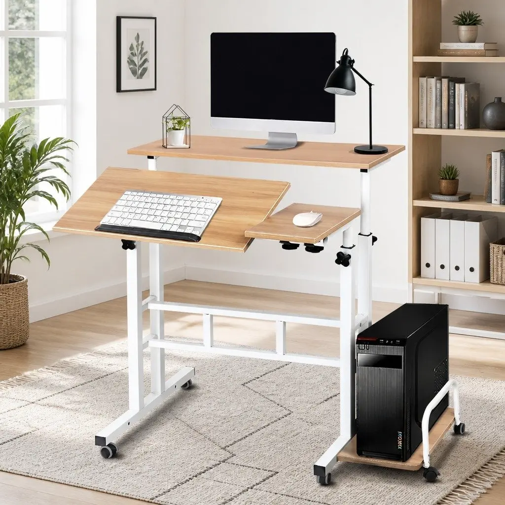 Mobile Twin Laptop Desk Adjustable Height MDF Light Wood