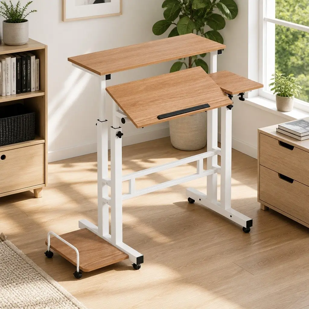 Mobile Twin Laptop Desk Adjustable Height MDF Light Wood