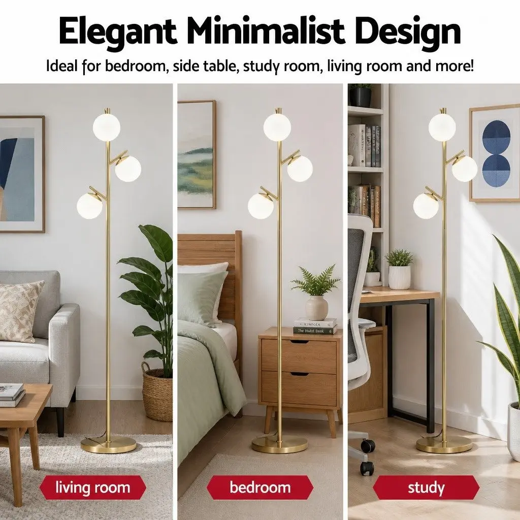 Floor Lamp Metal and Glass 165cm Tall Gold 3-Light Sphere Shades