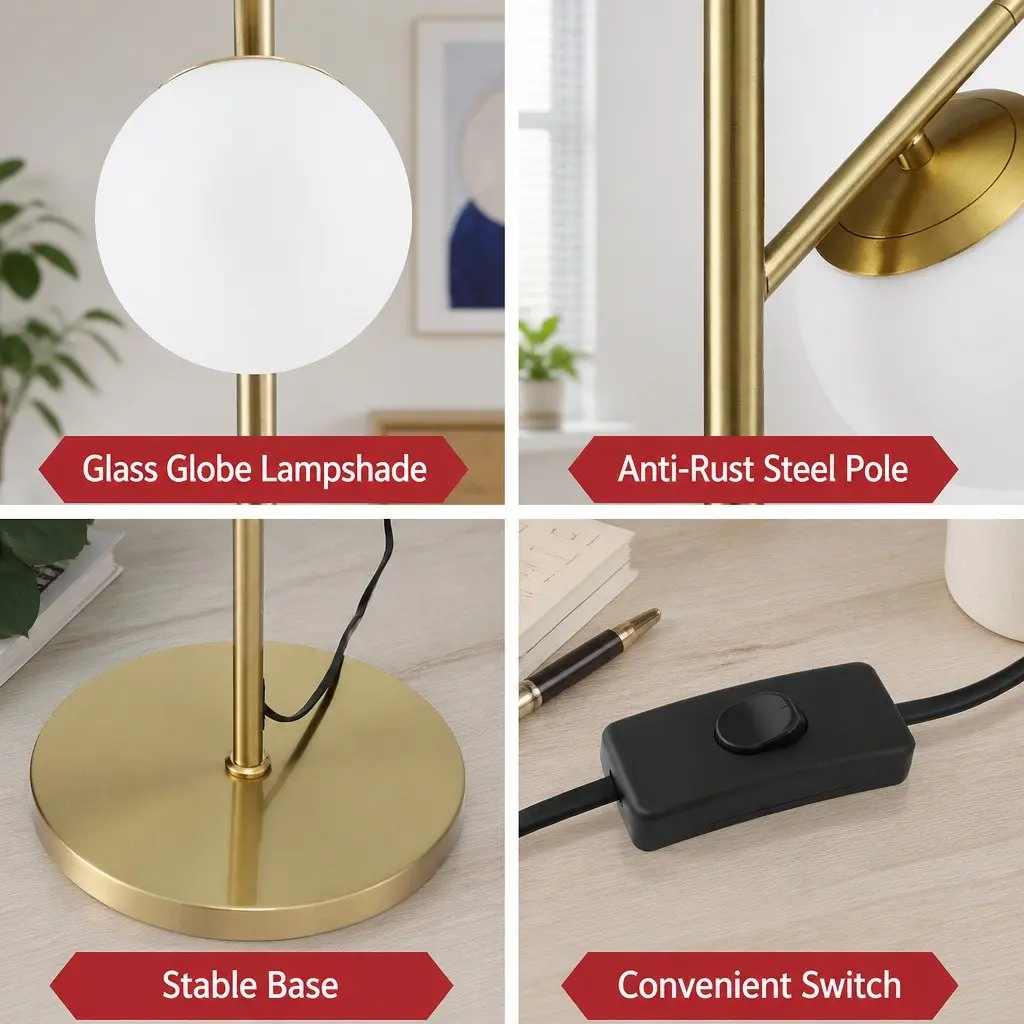 Floor Lamp Metal and Glass 165cm Tall Gold 3-Light Sphere Shades